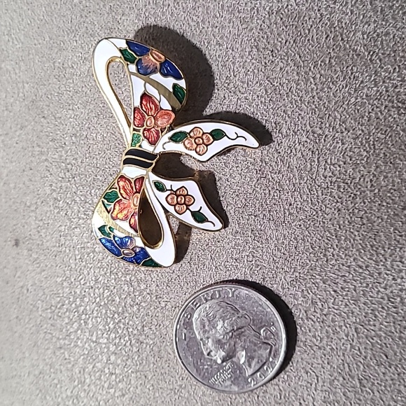 Vintage 1980's Gold Tone Cloisonne Bow Brooch Floral Enamel - Picture 3 of 11